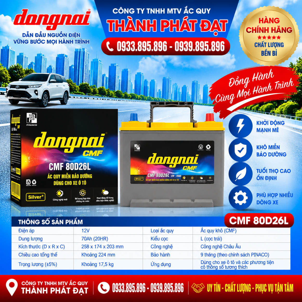 ắc quy đồng nai cmf 80d26l 70ah