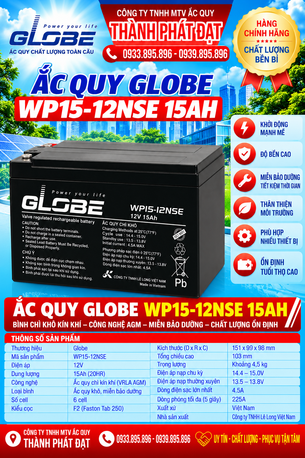 ắc quy globe wp15-12nse 15ah