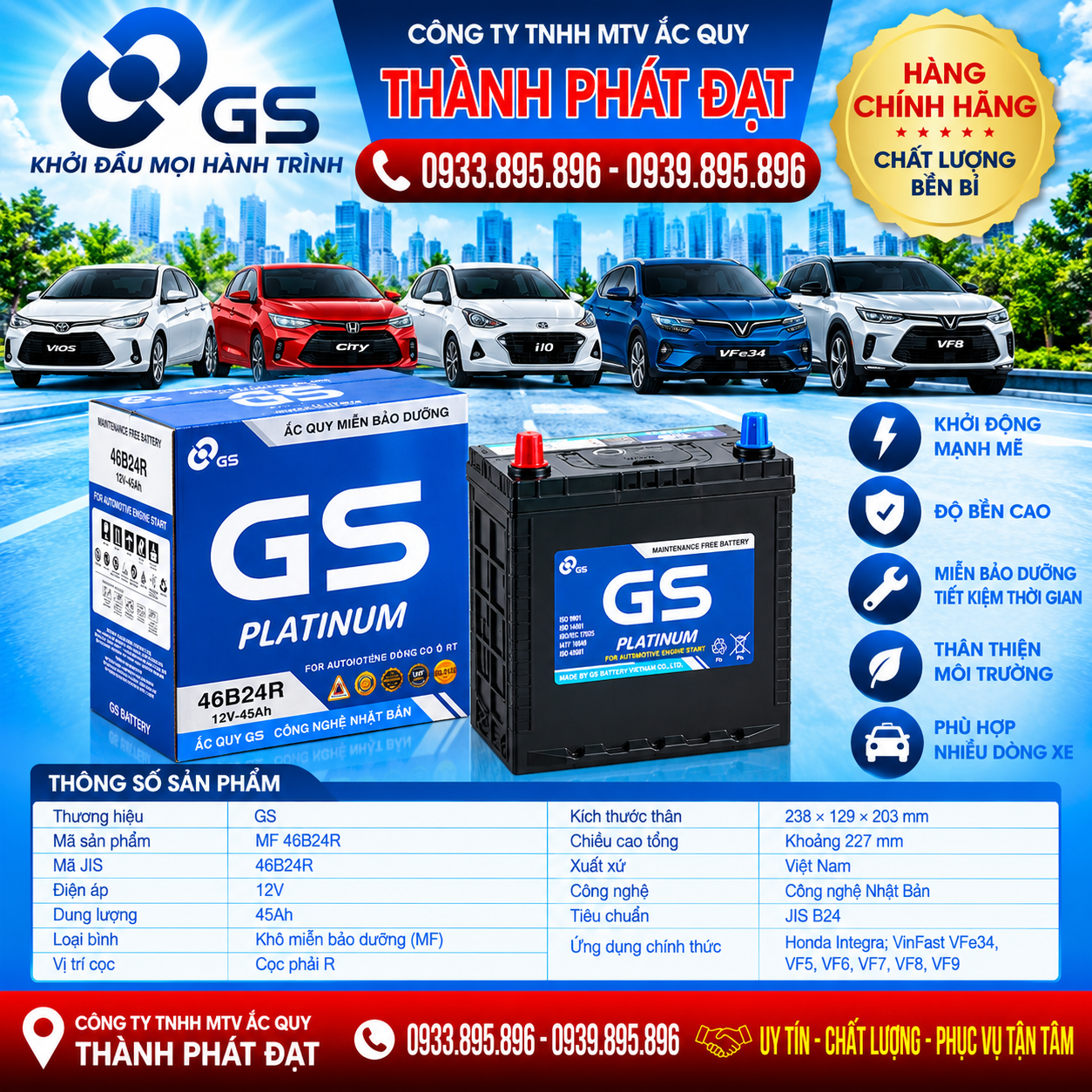ắc quy gs mf 46b24r 45ah
