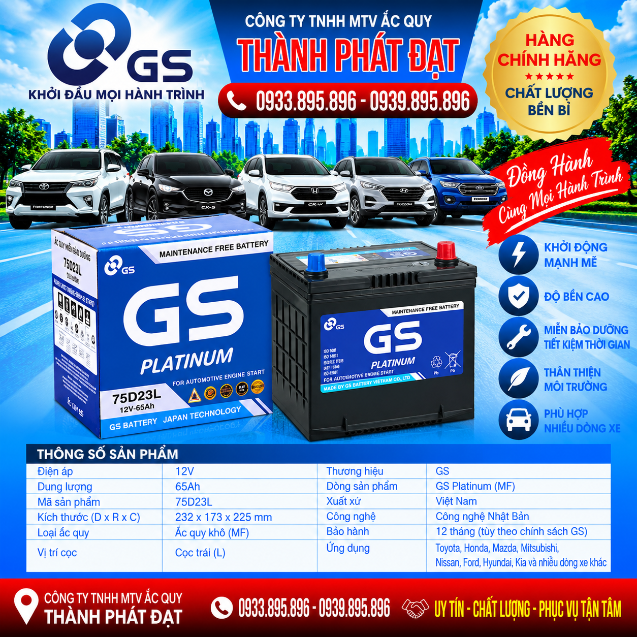ắc quy gs mf 75d23l 65ah