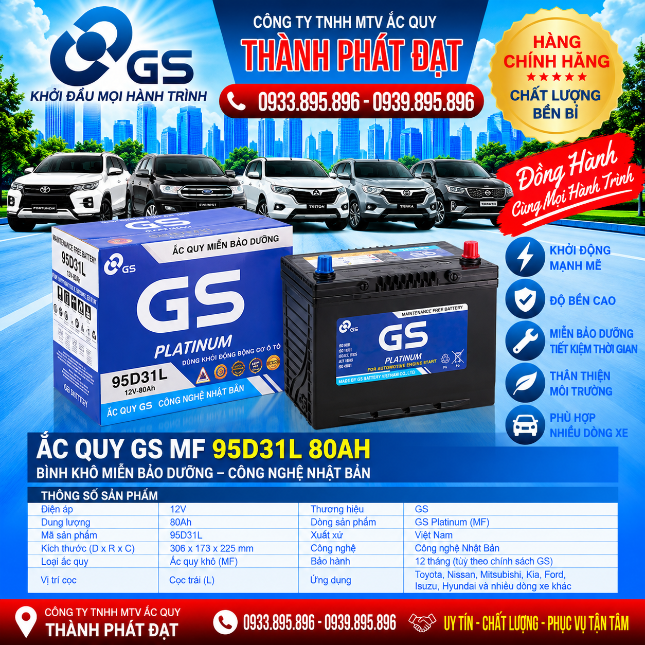 ắc quy gs mf 95d31l 80ah