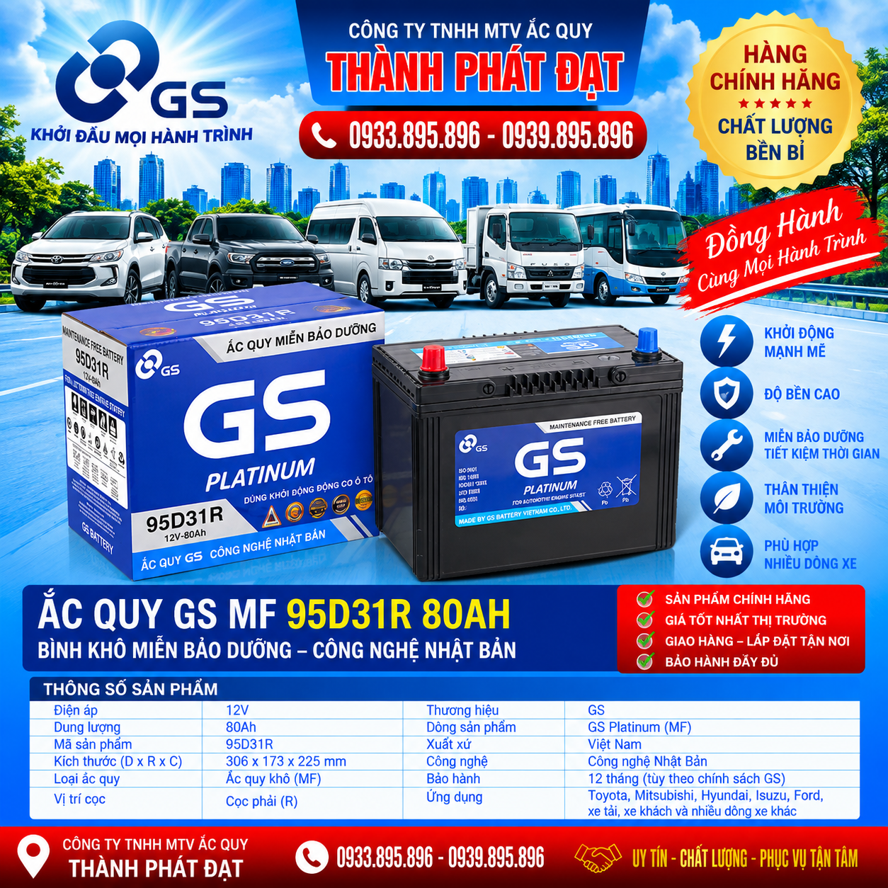 ắc quy gs mf 95d31r 80ah