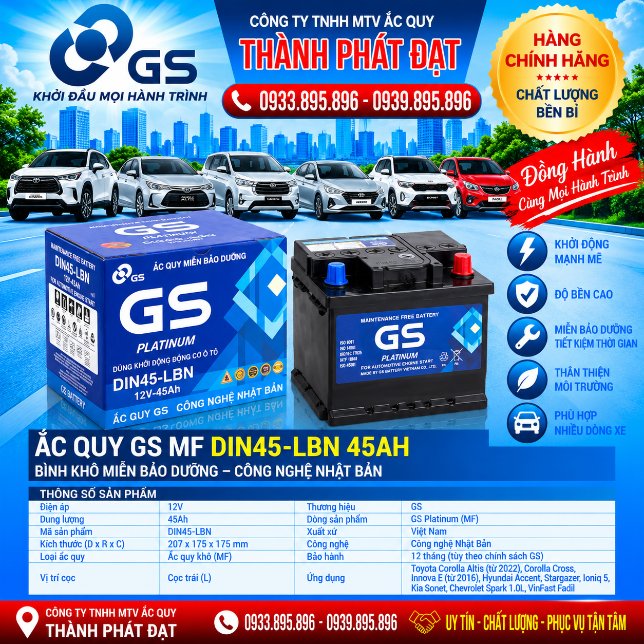 ắc quy gs mf din45-lbn 45ah