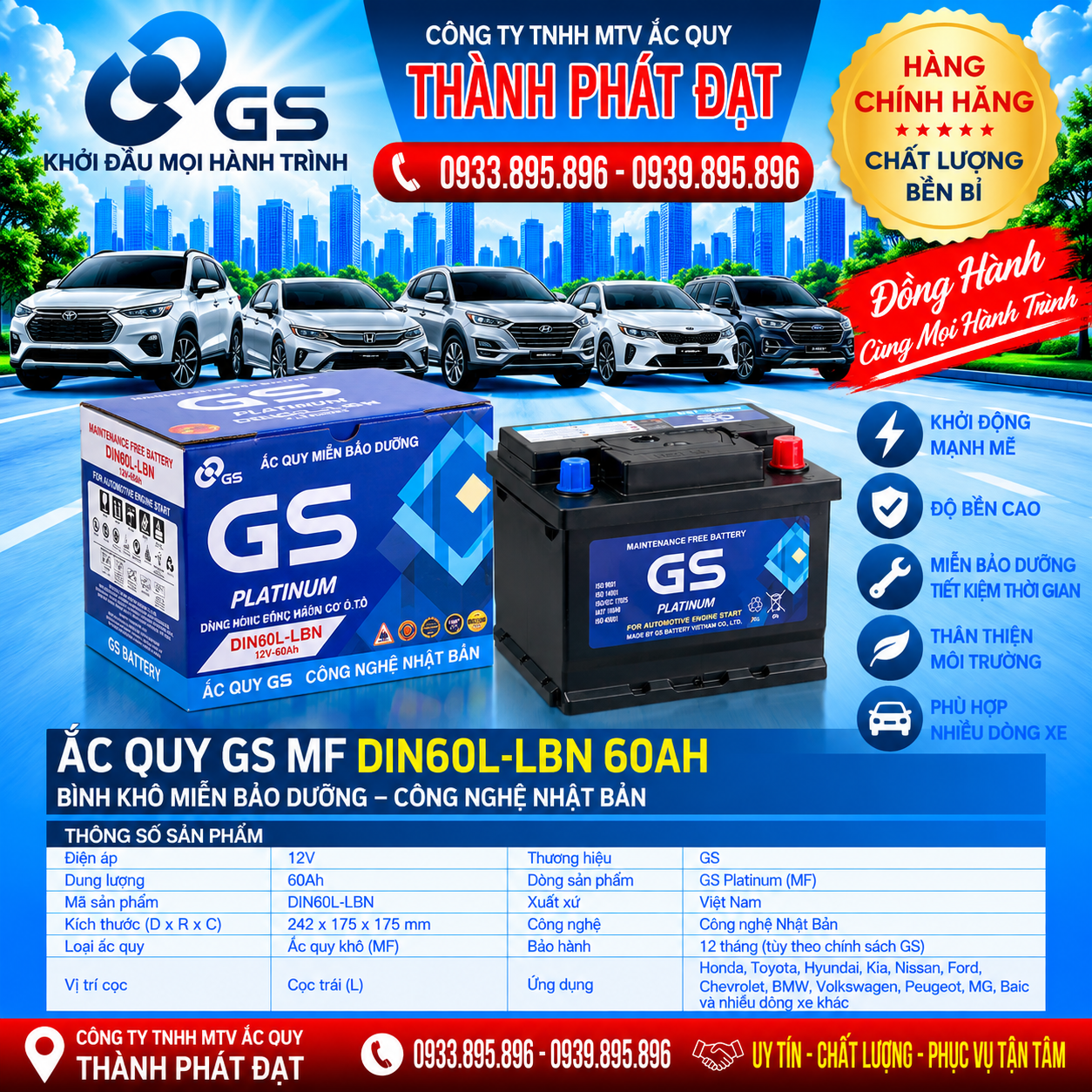 ắc quy gs mf din60l-lbn 60ah
