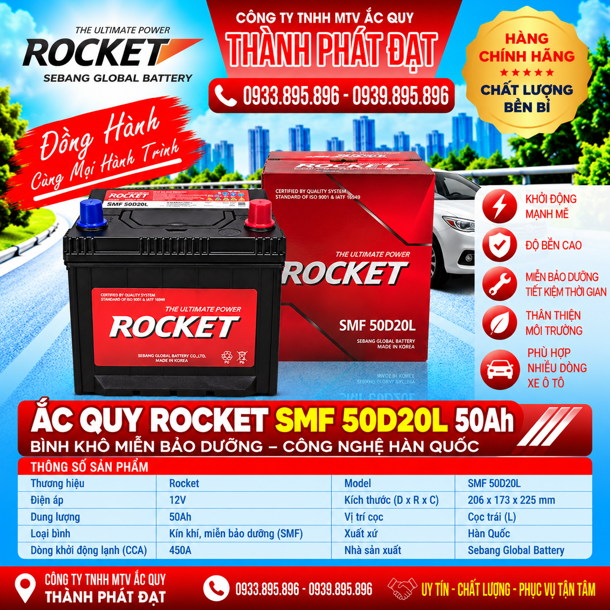 ắc quy rocket smf 50d20l 50ah