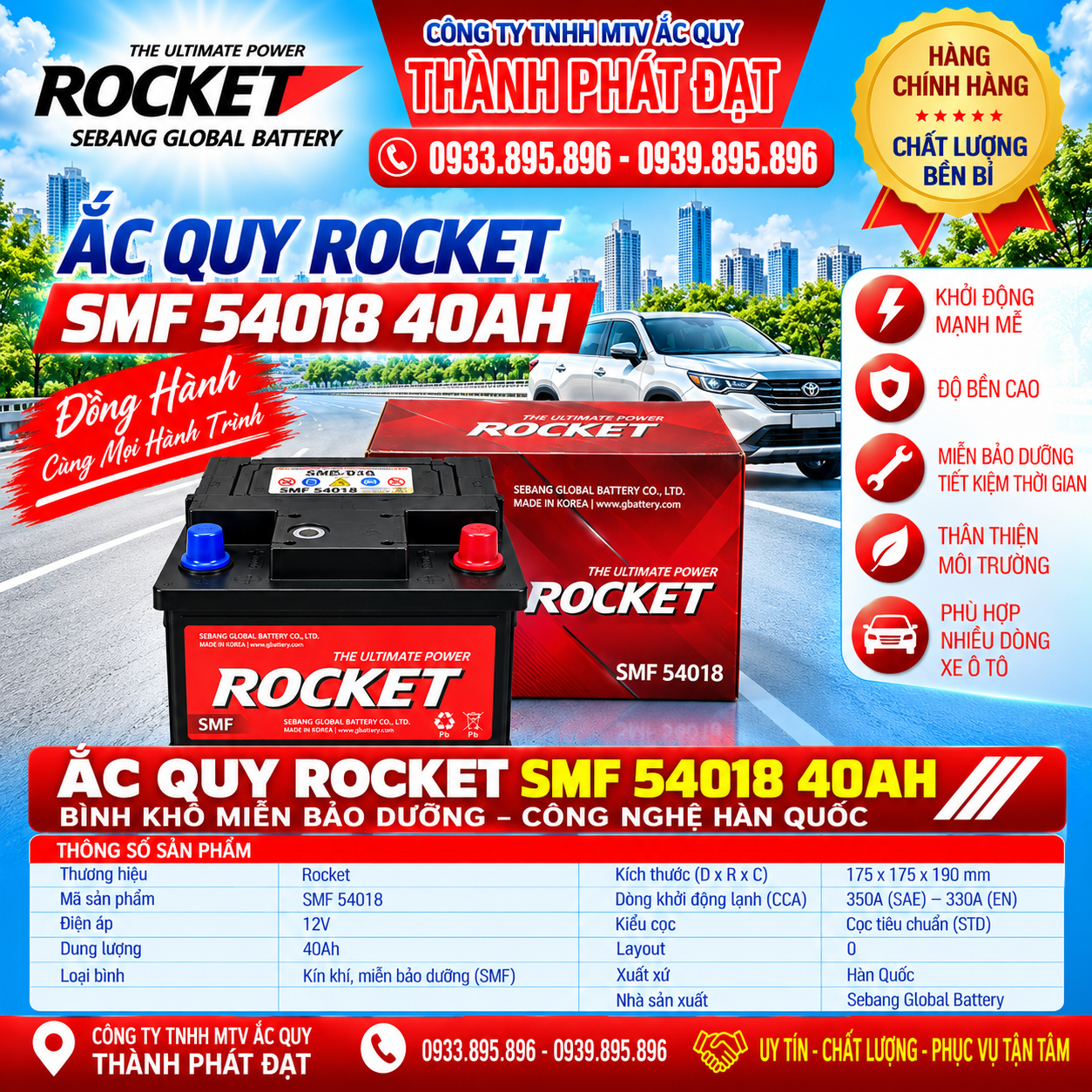 ắc quy rocket smf 54018 40ah