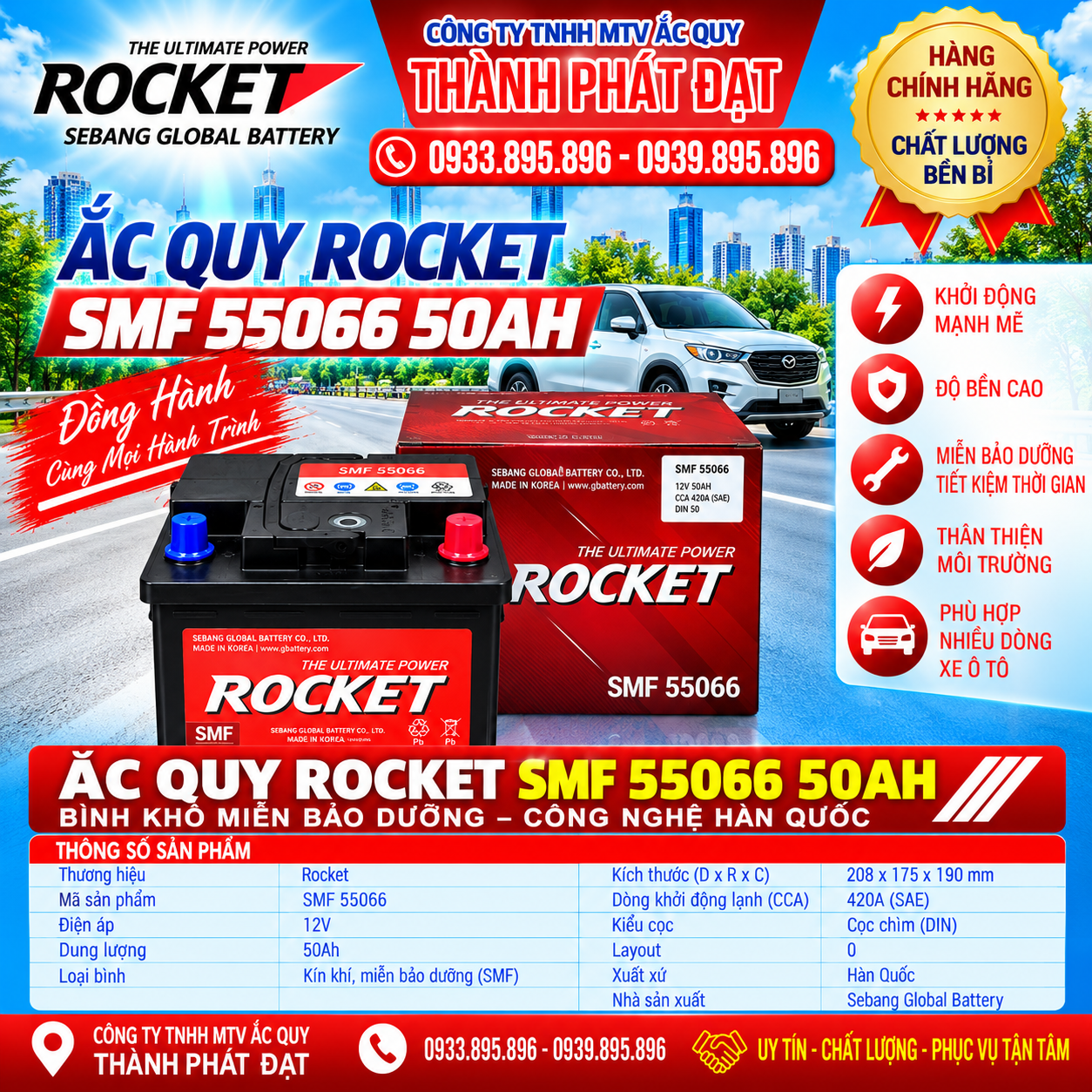 ắc quy rocket smf 55066 50ah