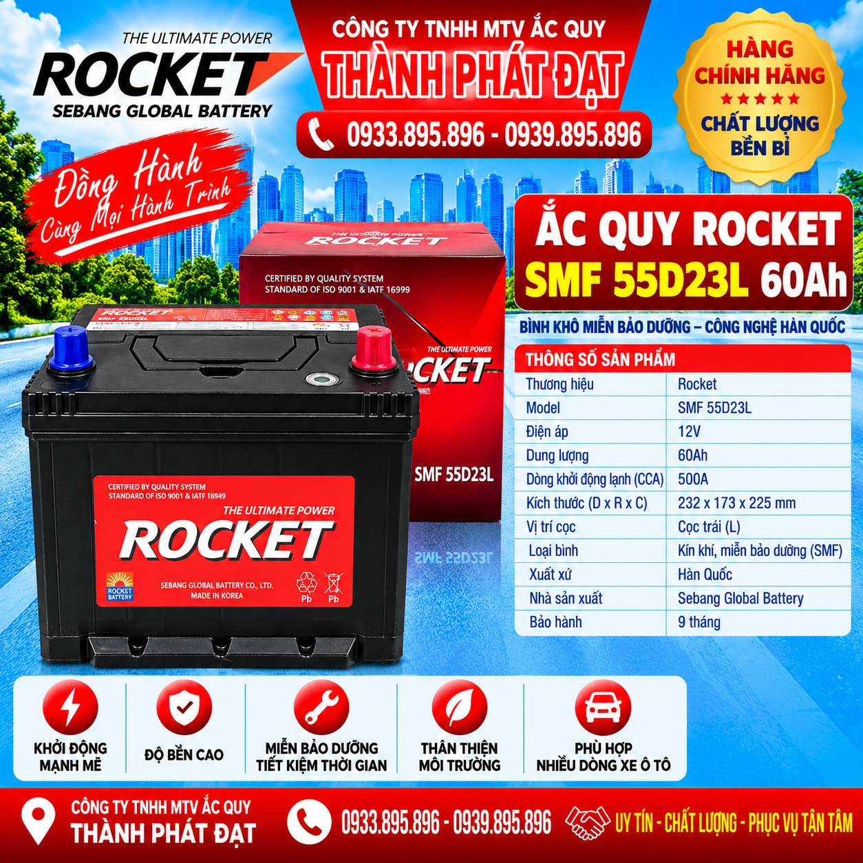 ắc quy rocket smf 55d23l 60ah
