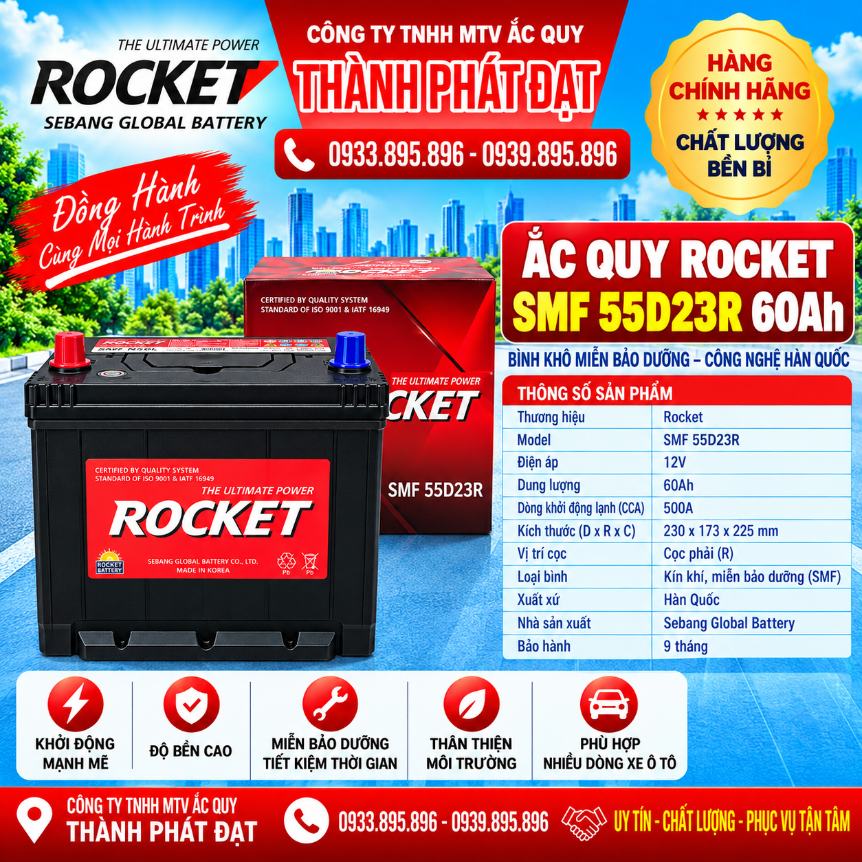 ắc quy rocket smf 55d23r 60ah