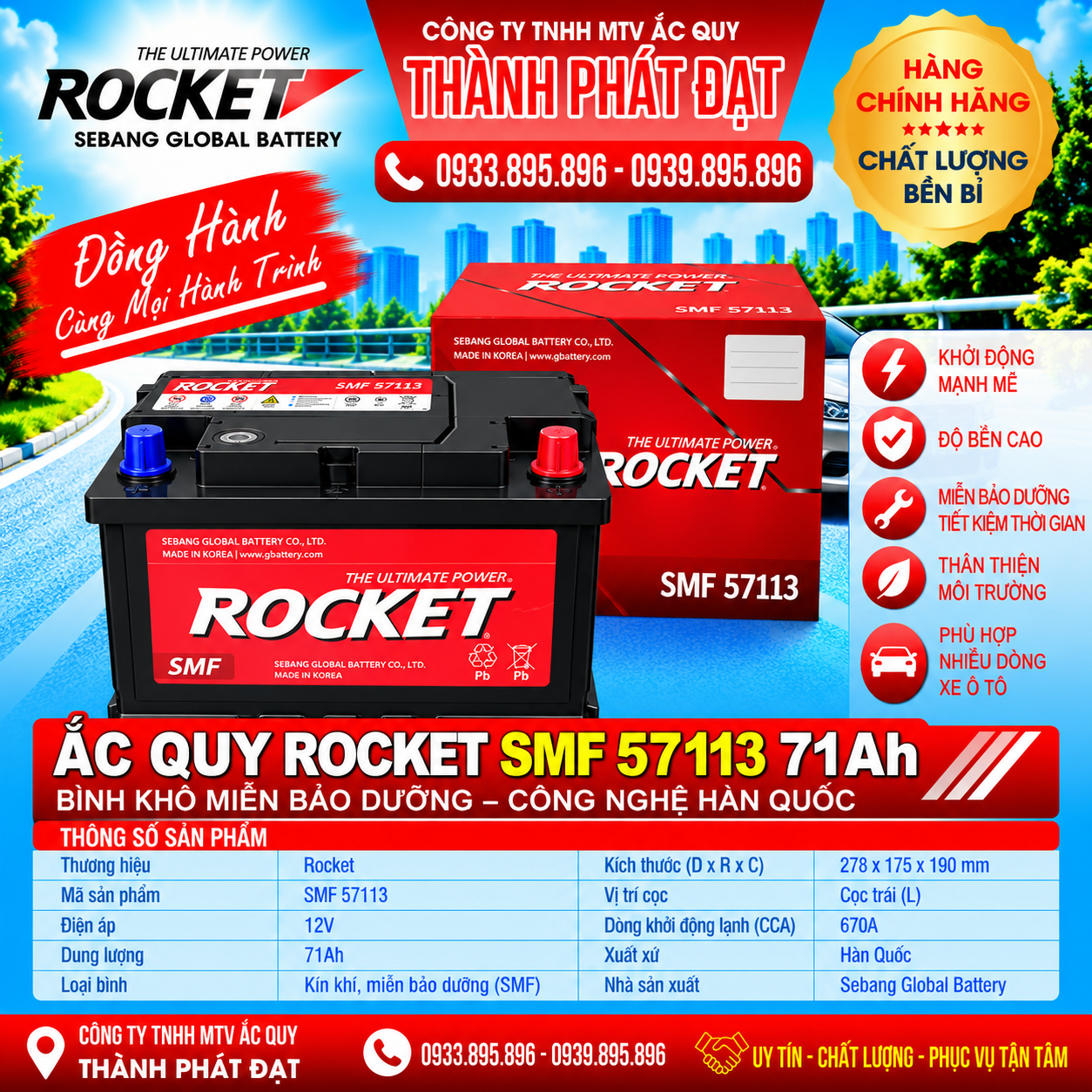 ắc quy rocket smf 57113 71ah