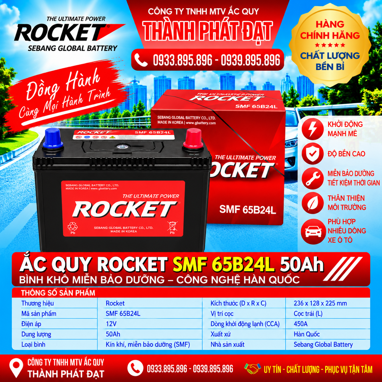 ắc quy rocket smf 65b24l 50ah