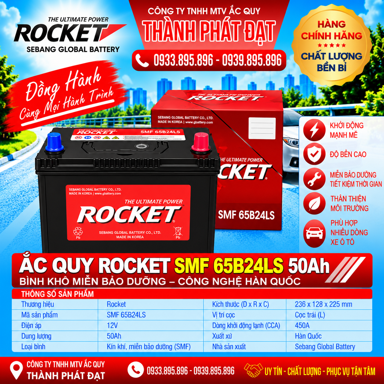 ắc quy rocket smf 65b24ls 50ah