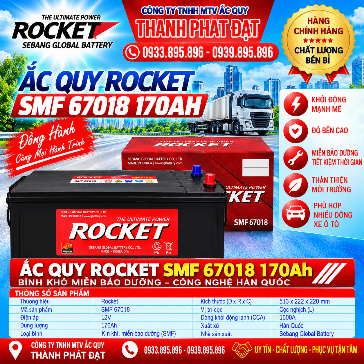 ắc quy rocket smf 67018 170ah