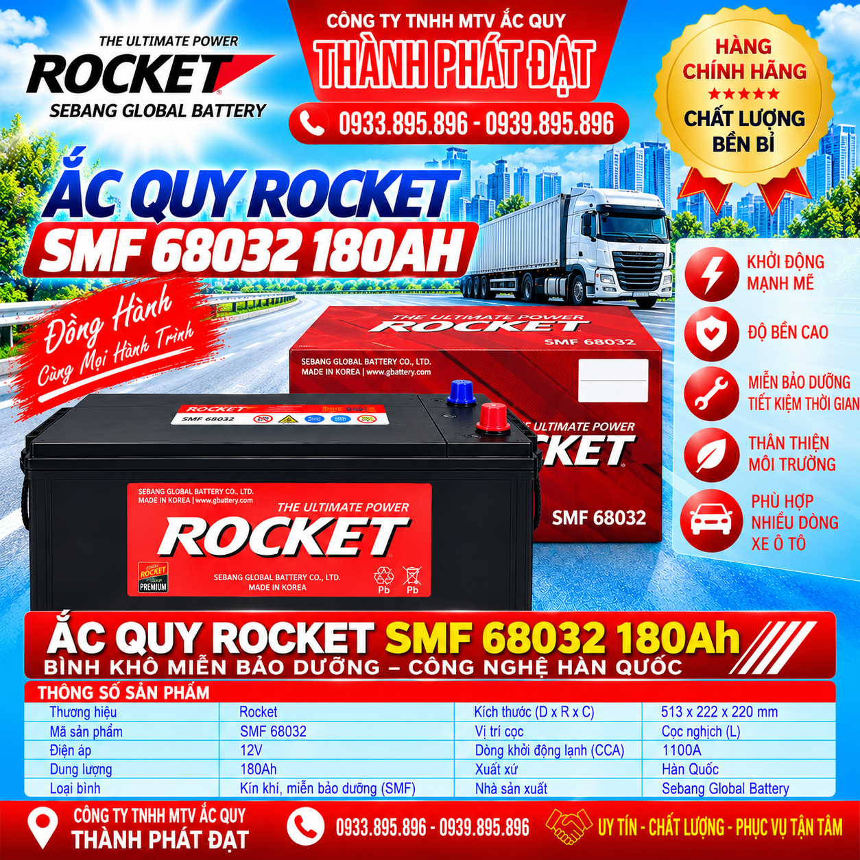 ắc quy rocket smf 68032 180ah