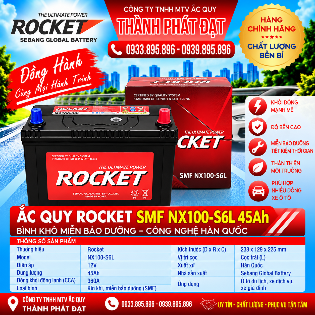 ắc quy rocket smf nx100-s6l 45ah
