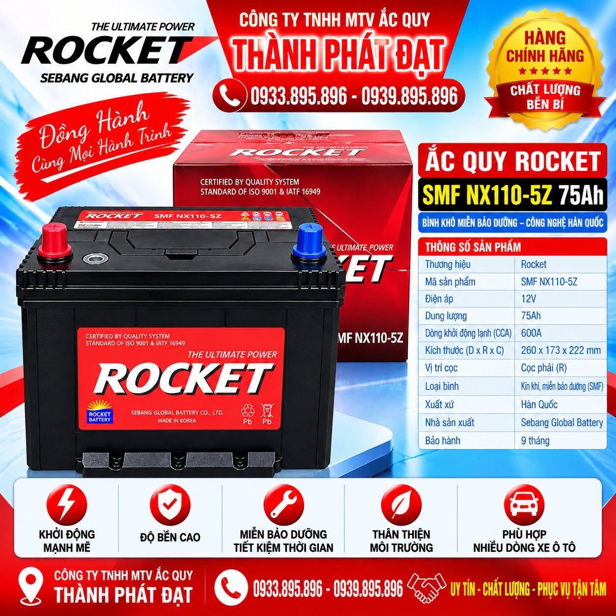 ắc quy rocket smf nx110-5z 75ah