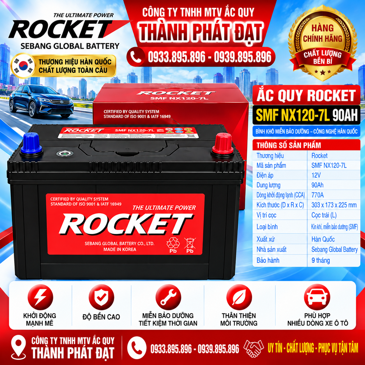ắc quy rocket smf nx120-7l 90ah