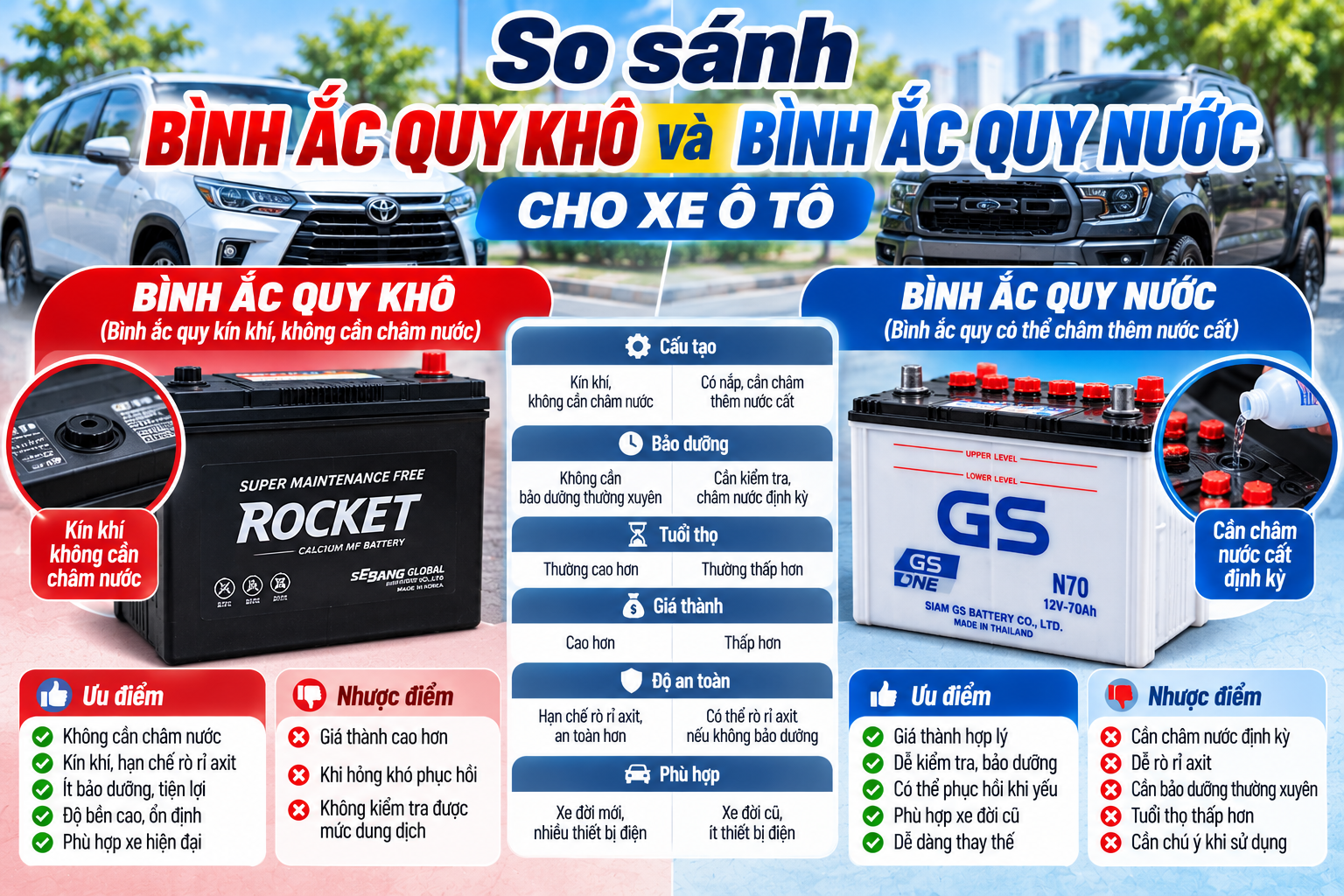So sánh bình ắc quy khô và bình ắc quy nước cho xe ô tô